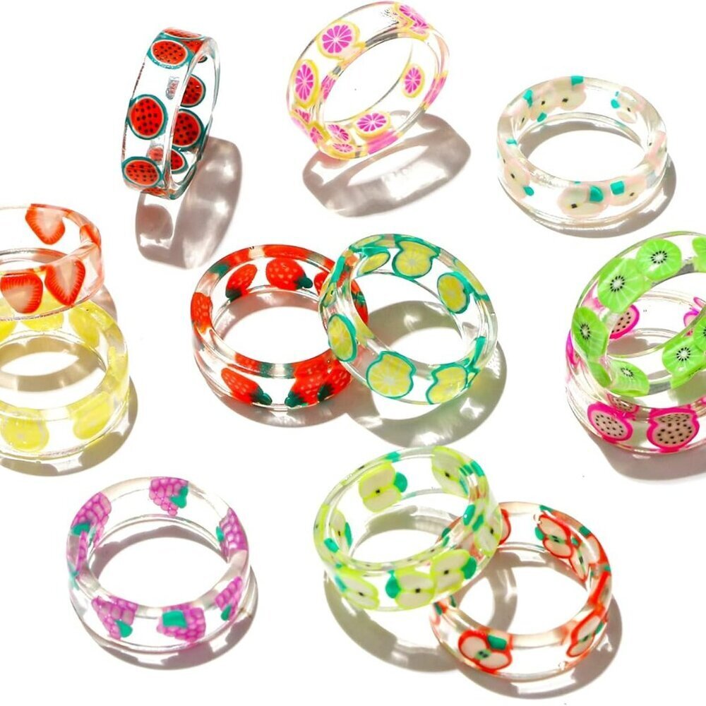 4-12 Pcs Resin Fruit Rings Set Colorful Transparent Plastic Fruit Rings